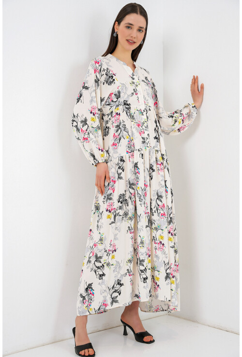 Kadın Desenli Uzun Tesettür Elbise 2585