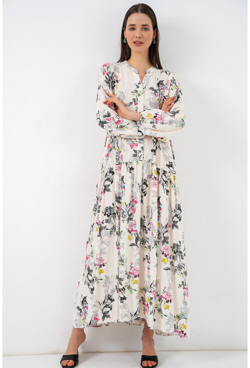 Kadın Desenli Uzun Tesettür Elbise 2585