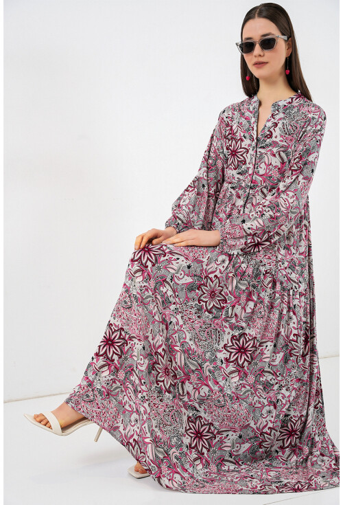Kadın Desenli Uzun Tesettür Elbise 2585