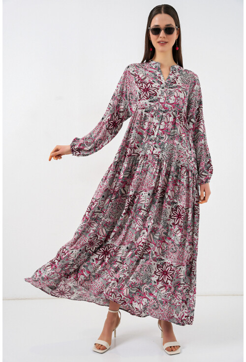 Kadın Desenli Uzun Tesettür Elbise 2585