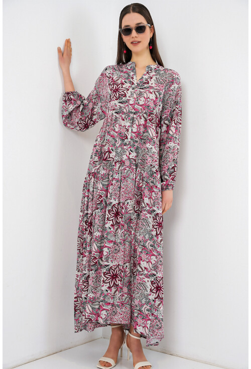 Kadın Desenli Uzun Tesettür Elbise 2585