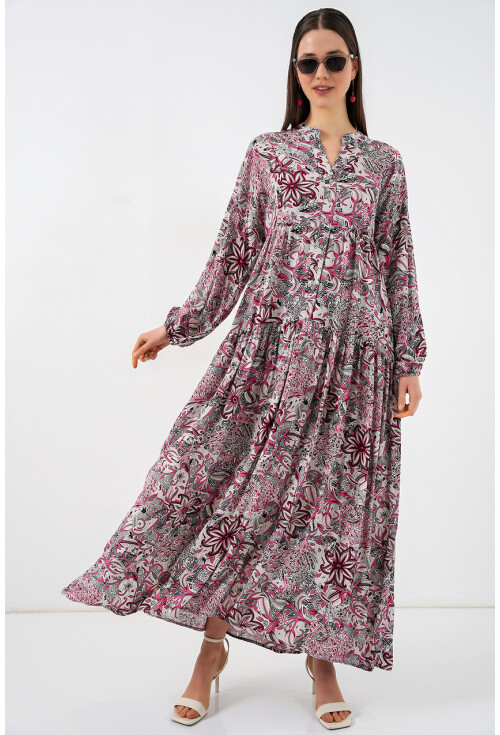 Kadın Desenli Uzun Tesettür Elbise 2585
