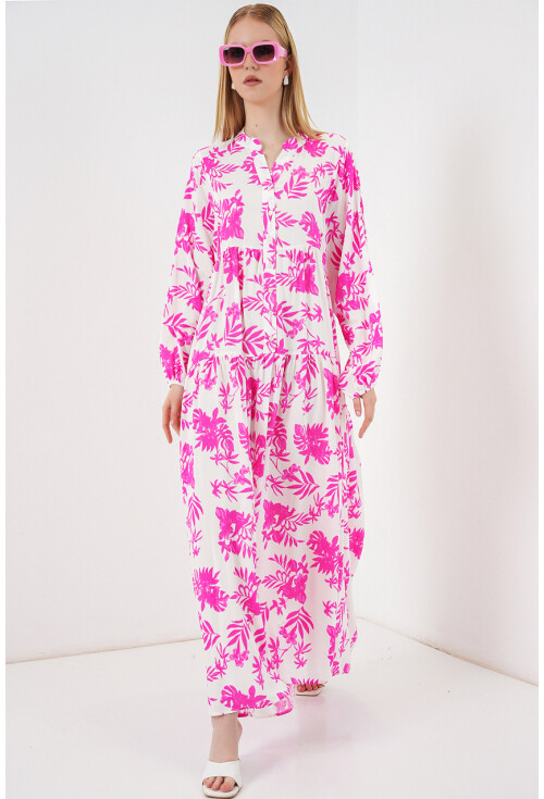 Kadın Desenli Uzun Tesettür Elbise 2585