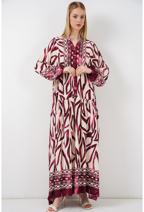 Kadın Desenli Uzun Tesettür Elbise 2585