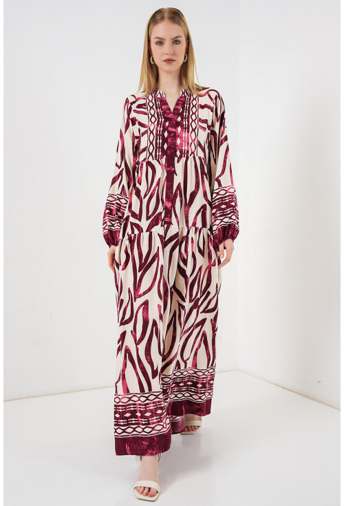 Kadın Desenli Uzun Tesettür Elbise 2585