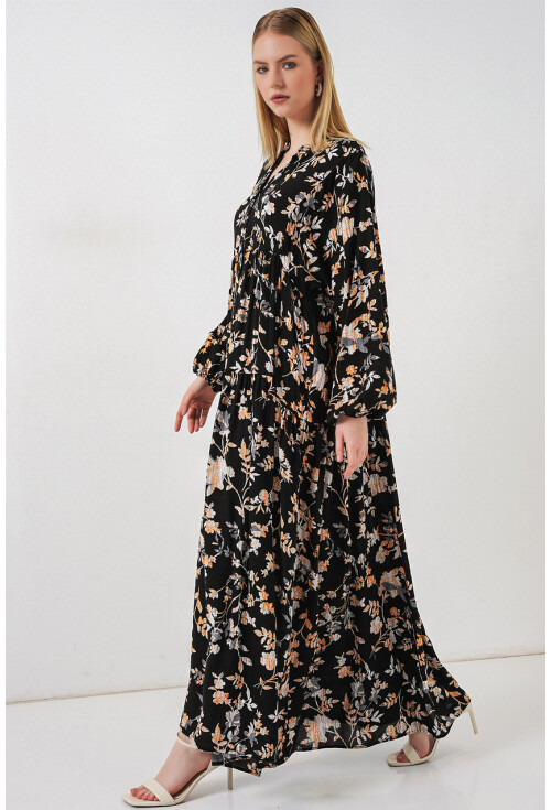 Kadın Desenli Uzun Tesettür Elbise 2585