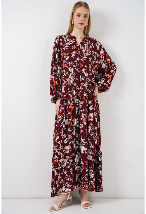 Kadın Desenli Uzun Tesettür Elbise 2585