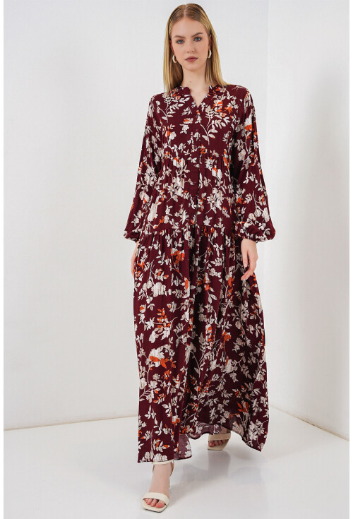 Kadın Desenli Uzun Tesettür Elbise 2585