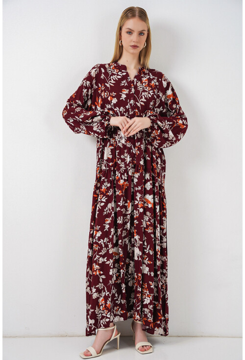 Kadın Desenli Uzun Tesettür Elbise 2585