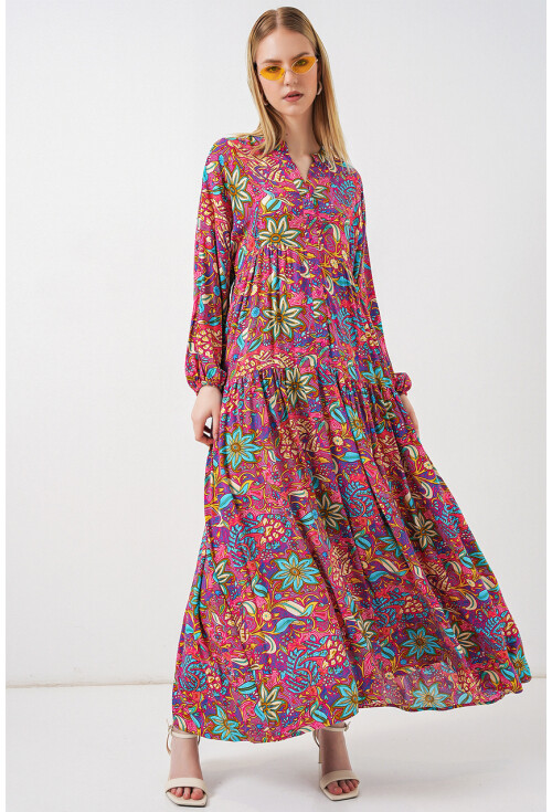 Kadın Desenli Uzun Tesettür Elbise 2585