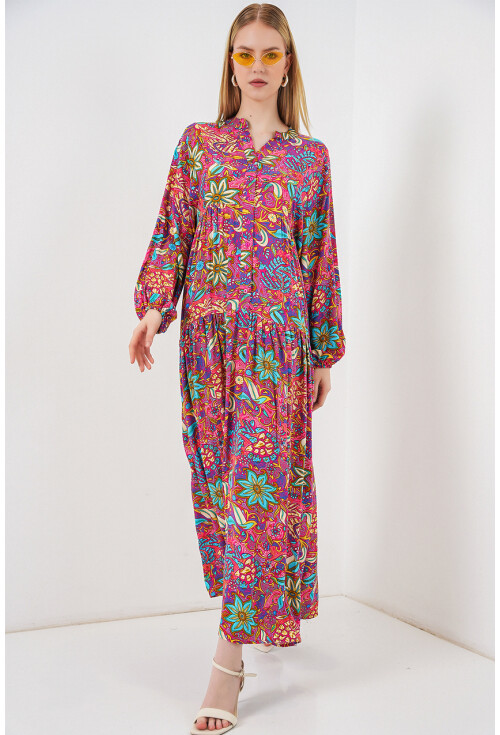 Kadın Desenli Uzun Tesettür Elbise 2585