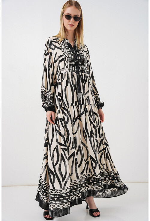 Kadın Desenli Uzun Tesettür Elbise 2585