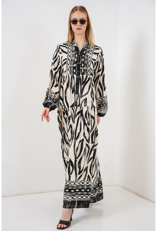 Kadın Desenli Uzun Tesettür Elbise 2585