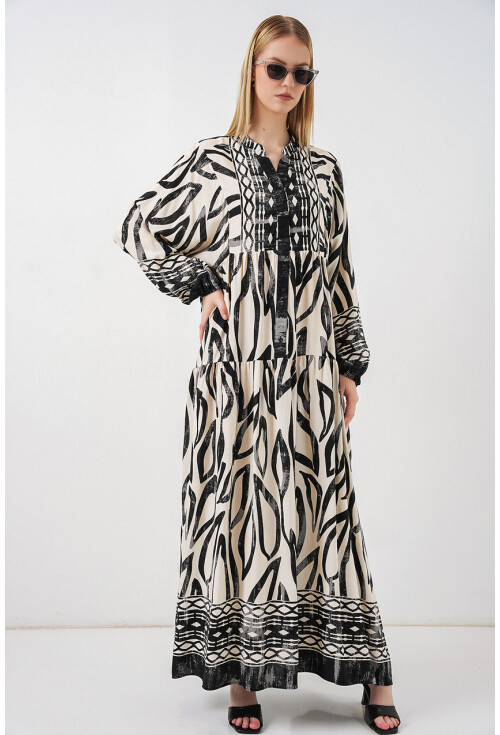 Kadın Desenli Uzun Tesettür Elbise 2585