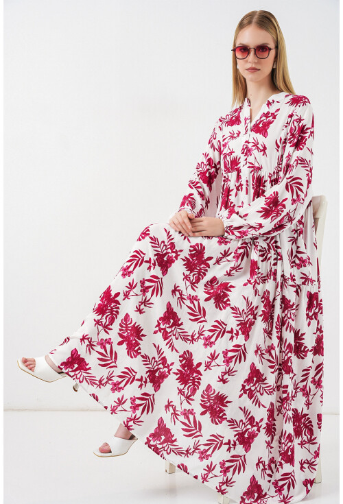 Kadın Desenli Uzun Tesettür Elbise 2585