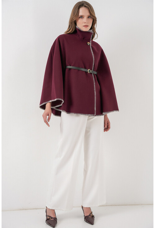 Kadın Dikiş Detaylı Kaşe Panço 9166