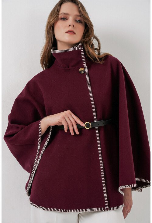 Kadın Dikiş Detaylı Kaşe Panço 9166