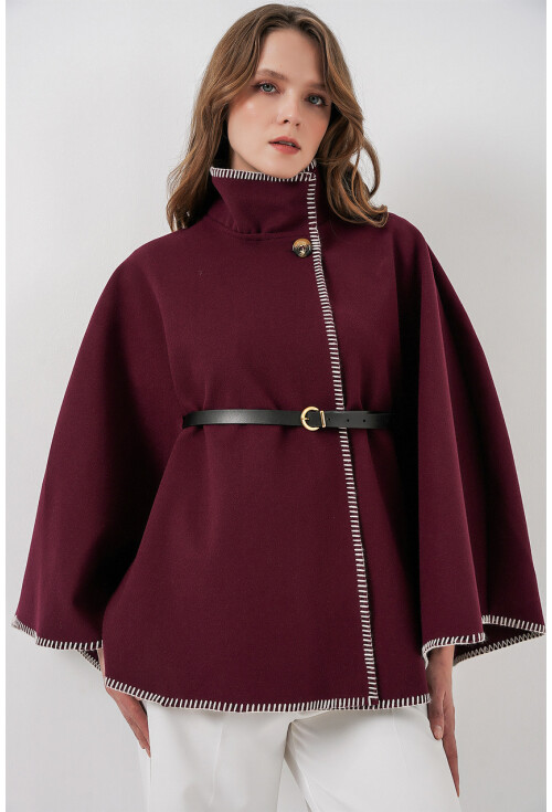 Kadın Dikiş Detaylı Kaşe Panço 9166