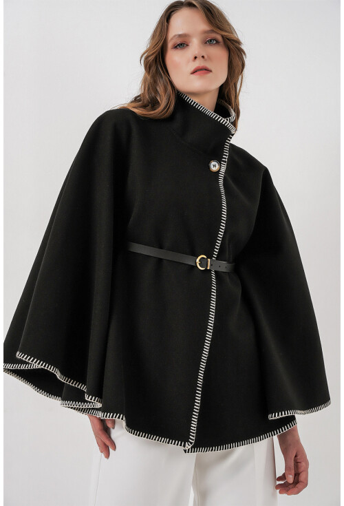 Kadın Dikiş Detaylı Kaşe Panço 9166