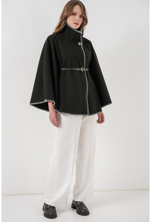 Kadın Dikiş Detaylı Kaşe Panço 9166