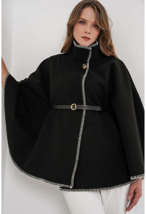 Kadın Dikiş Detaylı Kaşe Panço 9166