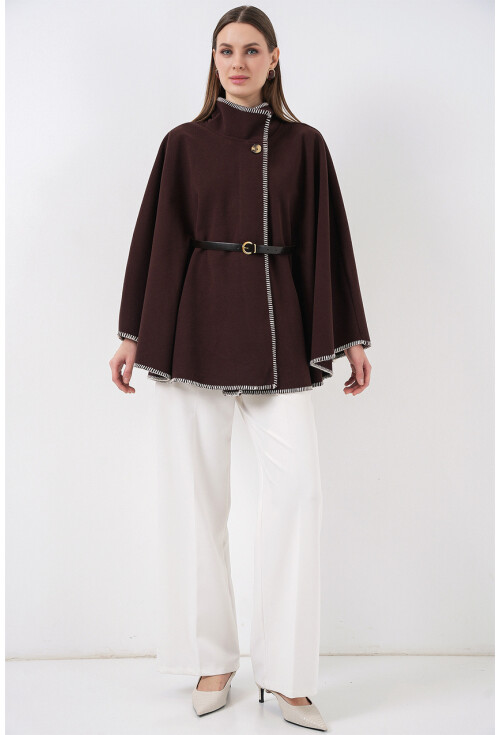 Kadın Dikiş Detaylı Kaşe Panço 9166