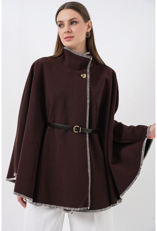 Kadın Dikiş Detaylı Kaşe Panço 9166