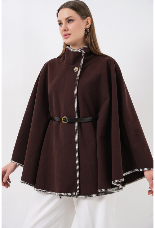 Kadın Dikiş Detaylı Kaşe Panço 9166