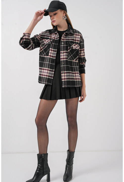 Kadın Ekose Desen Oversize Oduncu Gömlek 3854