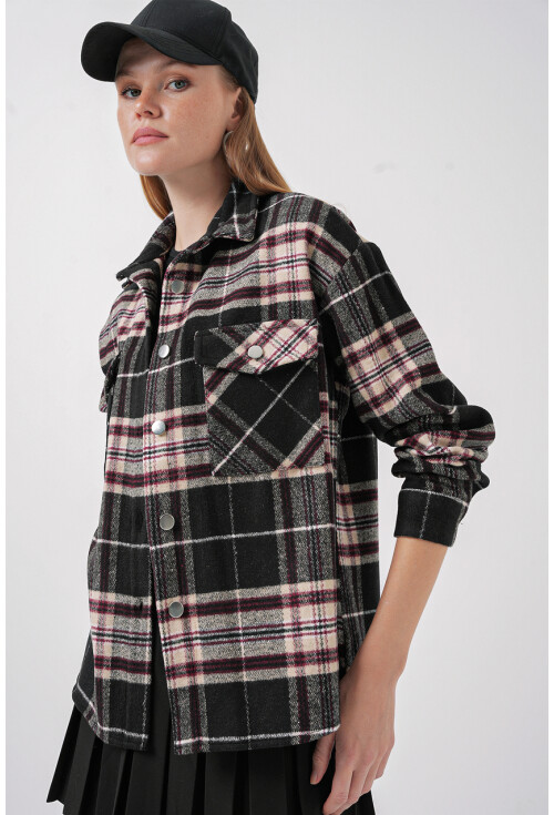 Kadın Ekose Desen Oversize Oduncu Gömlek 3854