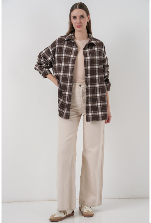 Kadın Ekose Desen Oversize Oduncu Gömlek 3854