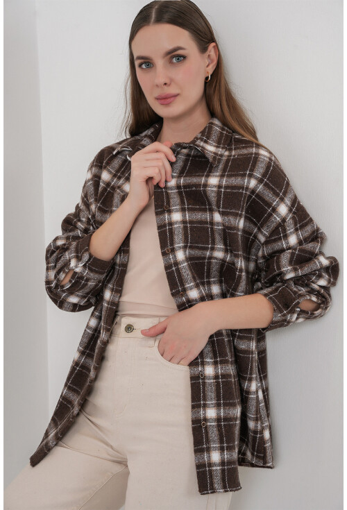 Kadın Ekose Desen Oversize Oduncu Gömlek 3854