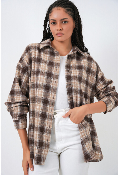 Kadın Ekose Desen Oversize Oduncu Gömlek 3854
