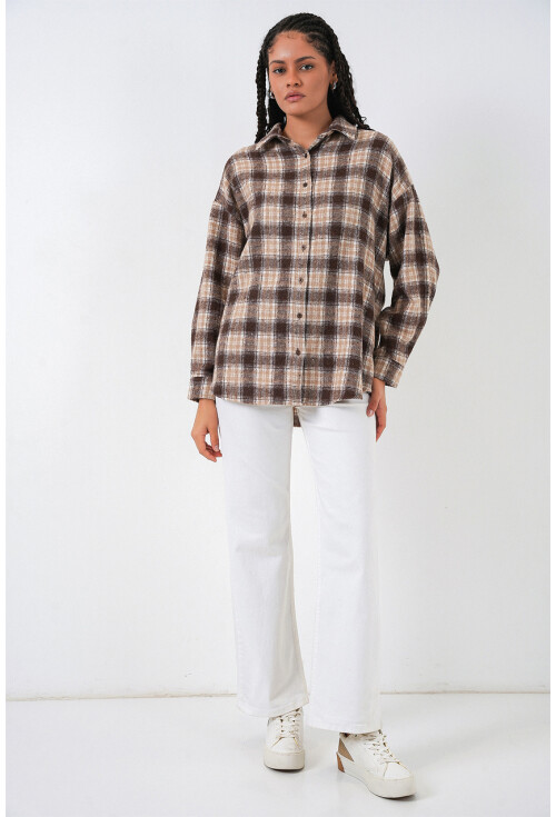 Kadın Ekose Desen Oversize Oduncu Gömlek 3854
