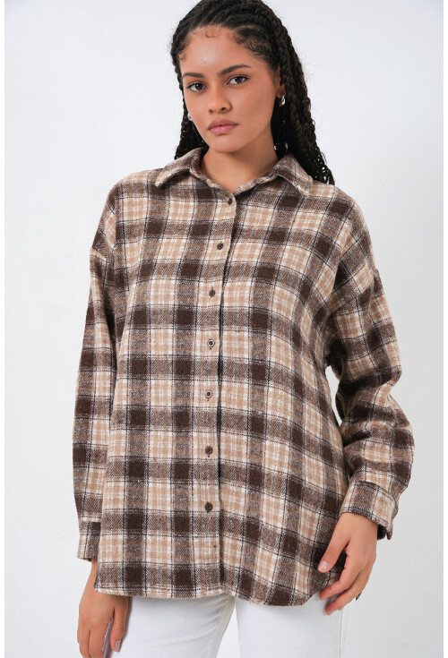 Kadın Ekose Desen Oversize Oduncu Gömlek 3854