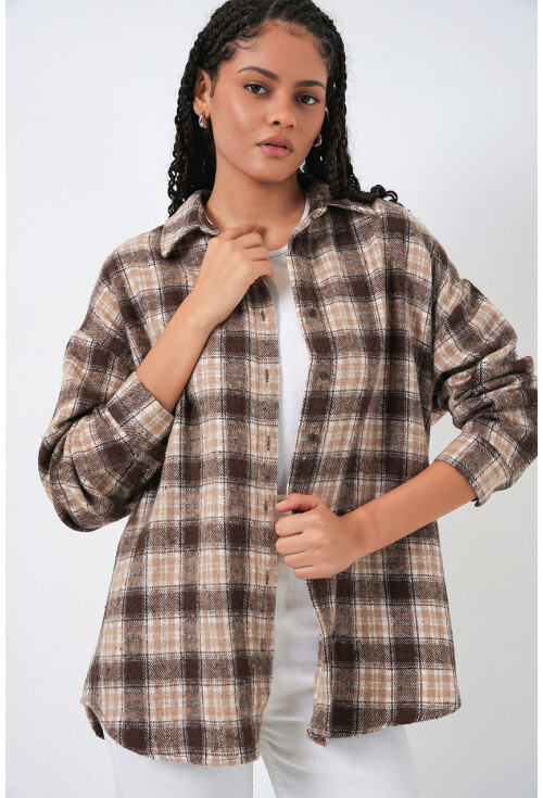 Kadın Ekose Desen Oversize Oduncu Gömlek 3854