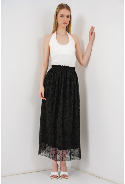 Kadın Flok Baskılı Astarlı Etek 8076