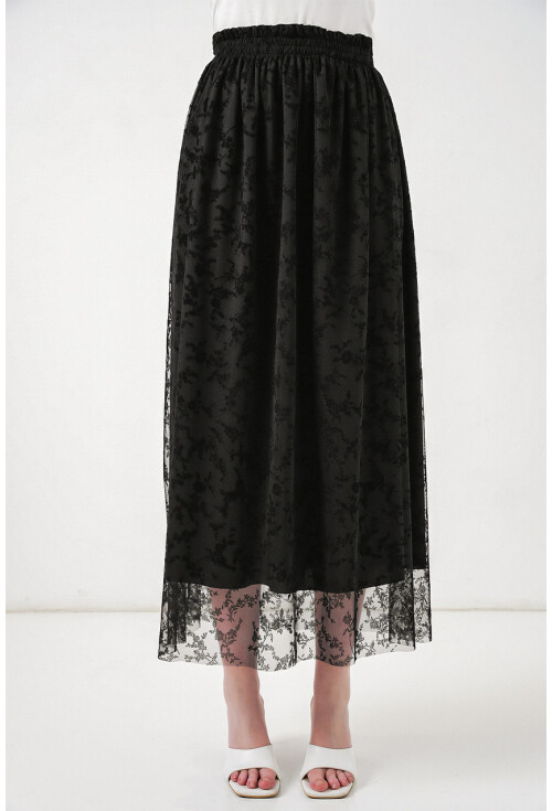 Kadın Flok Baskılı Astarlı Etek 8076