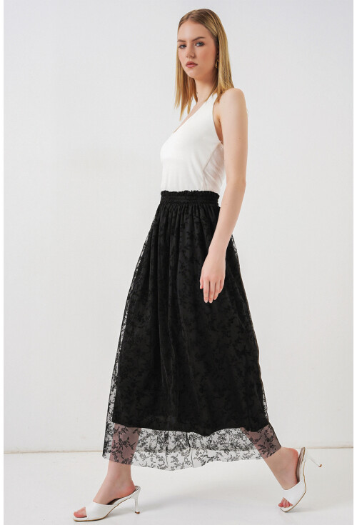 Kadın Flok Baskılı Astarlı Etek 8076