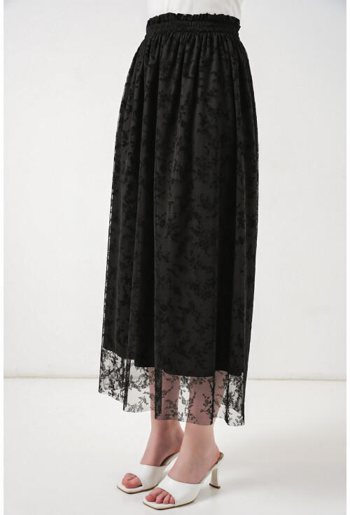 Kadın Flok Baskılı Astarlı Etek 8076