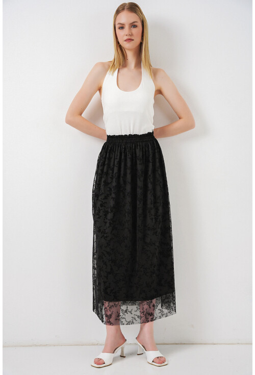 Kadın Flok Baskılı Astarlı Etek 8076