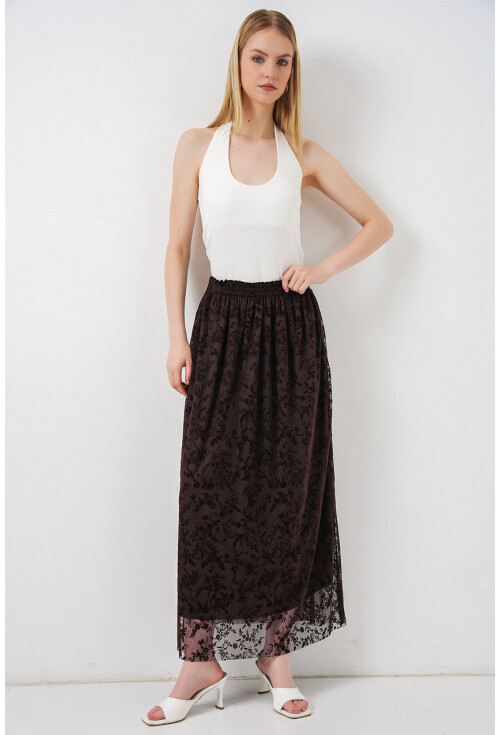 Kadın Flok Baskılı Astarlı Etek 8076