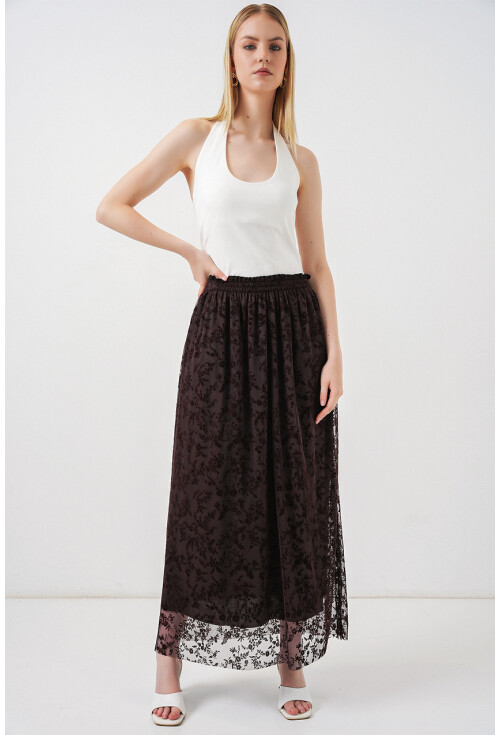 Kadın Flok Baskılı Astarlı Etek 8076