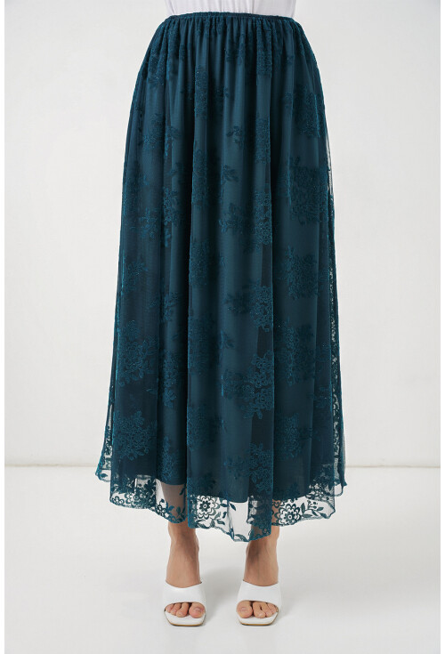 Kadın Flok Baskılı Uzun Tül Etek 8070