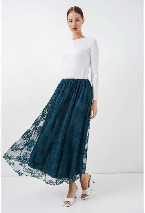 Kadın Flok Baskılı Uzun Tül Etek 8070