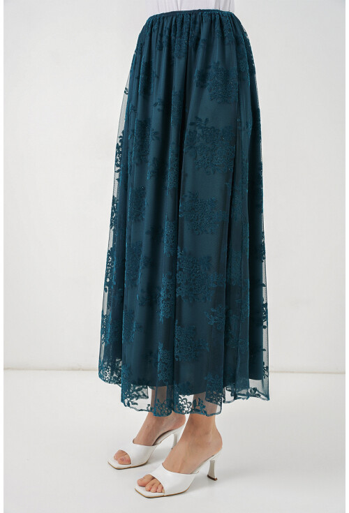 Kadın Flok Baskılı Uzun Tül Etek 8070