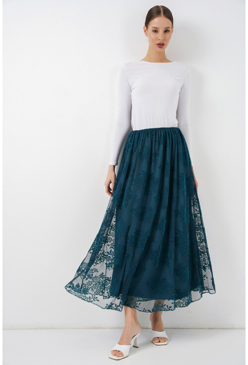 Kadın Flok Baskılı Uzun Tül Etek 8070