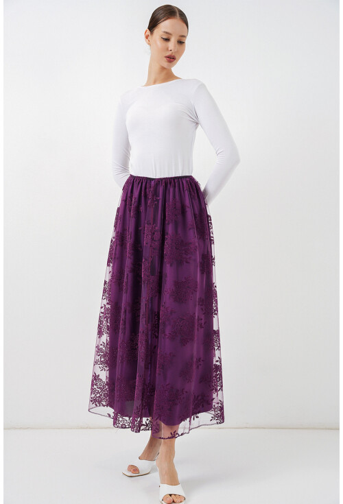 Kadın Flok Baskılı Uzun Tül Etek 8070