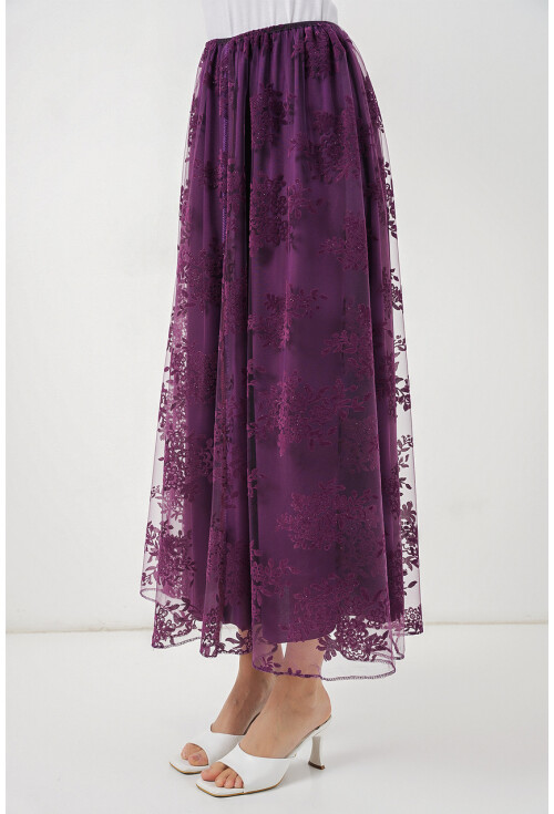 Kadın Flok Baskılı Uzun Tül Etek 8070