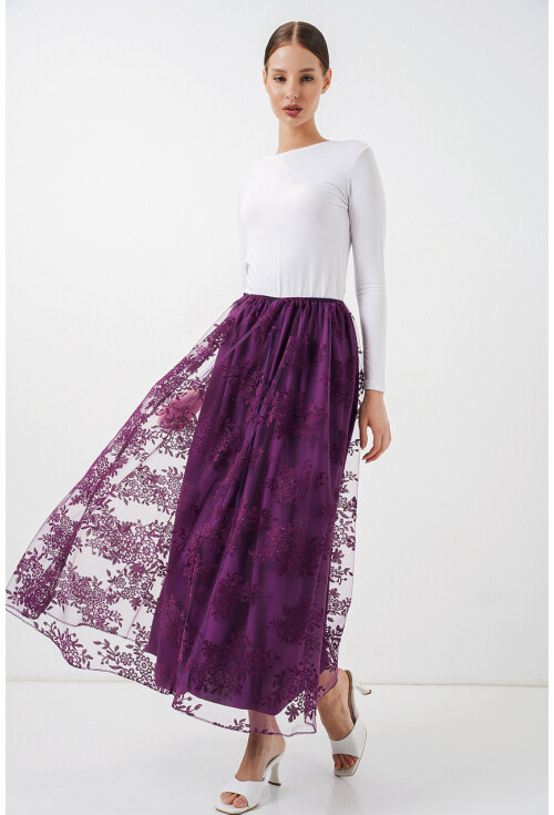 Kadın Flok Baskılı Uzun Tül Etek 8070